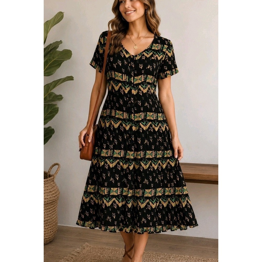 Liberty Fashions Dress Womens Small Black Tribal Aztec Button Front Boho Vintage